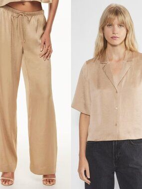 Aritzia Wilfred SET Toccata Satin Pant & Beso Satin Shirt Gold Camel Medium